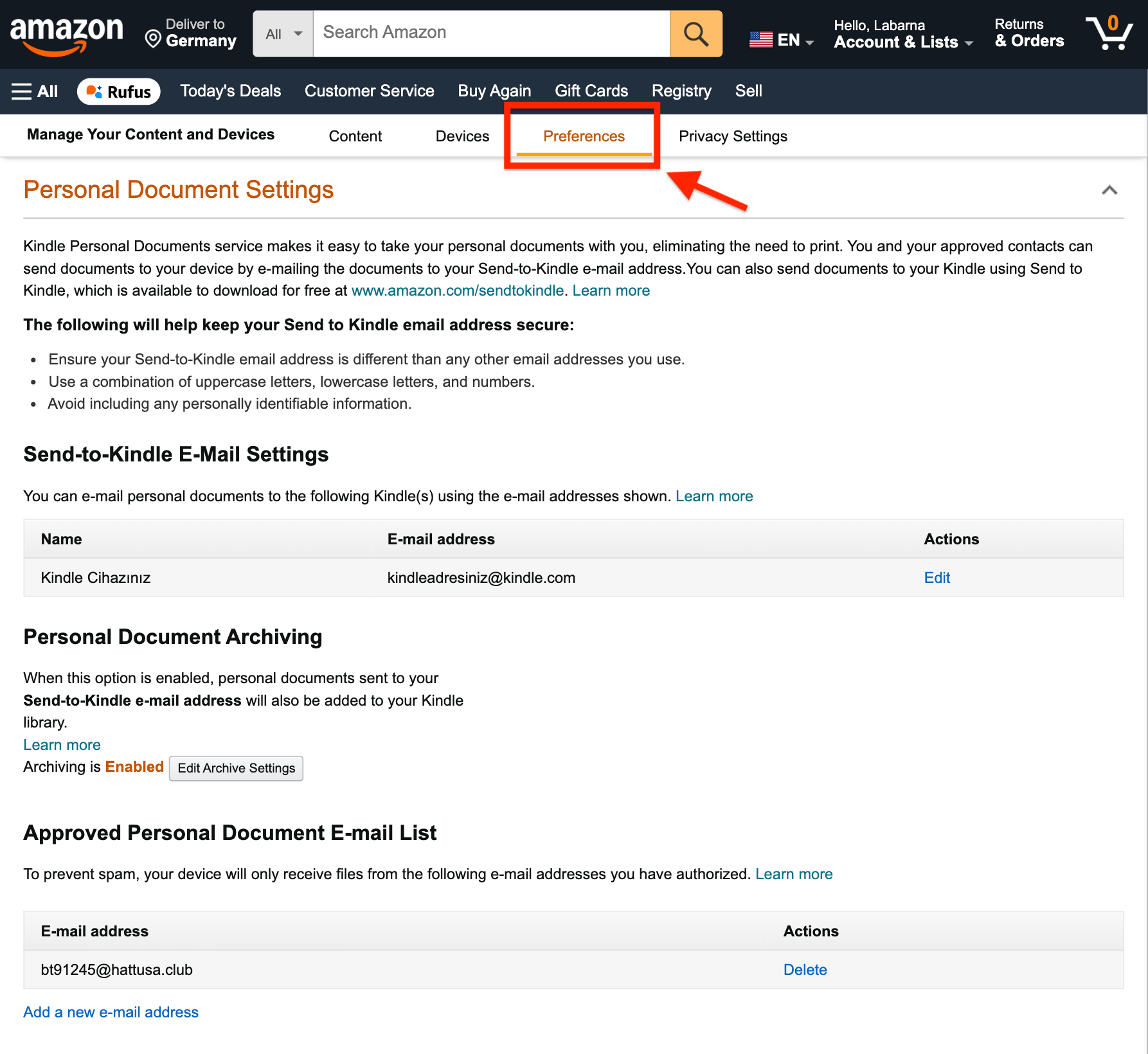 Amazon My Kindle Preferences sekmesine tıklayın