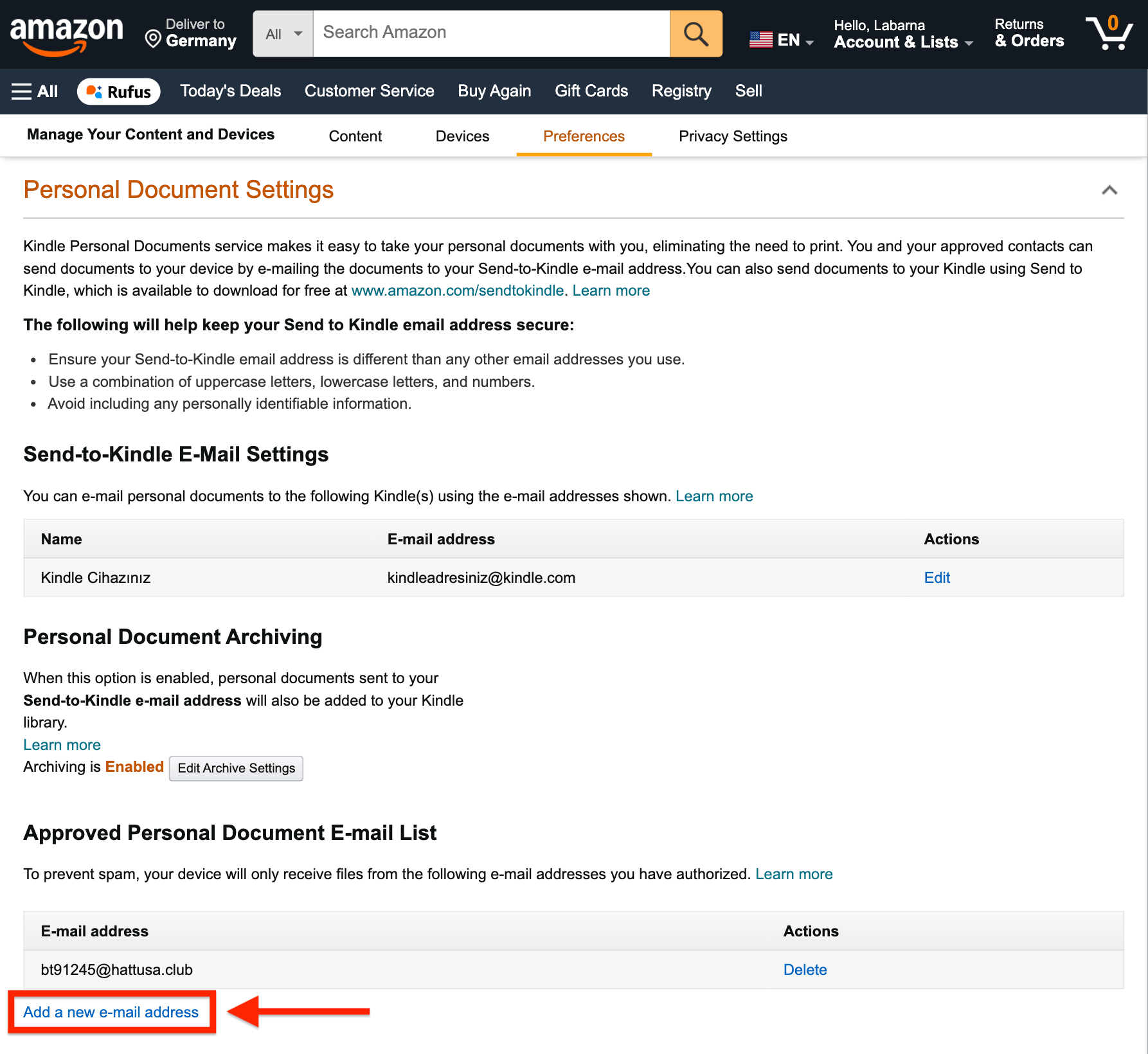 Amazon Add a new e-mail address