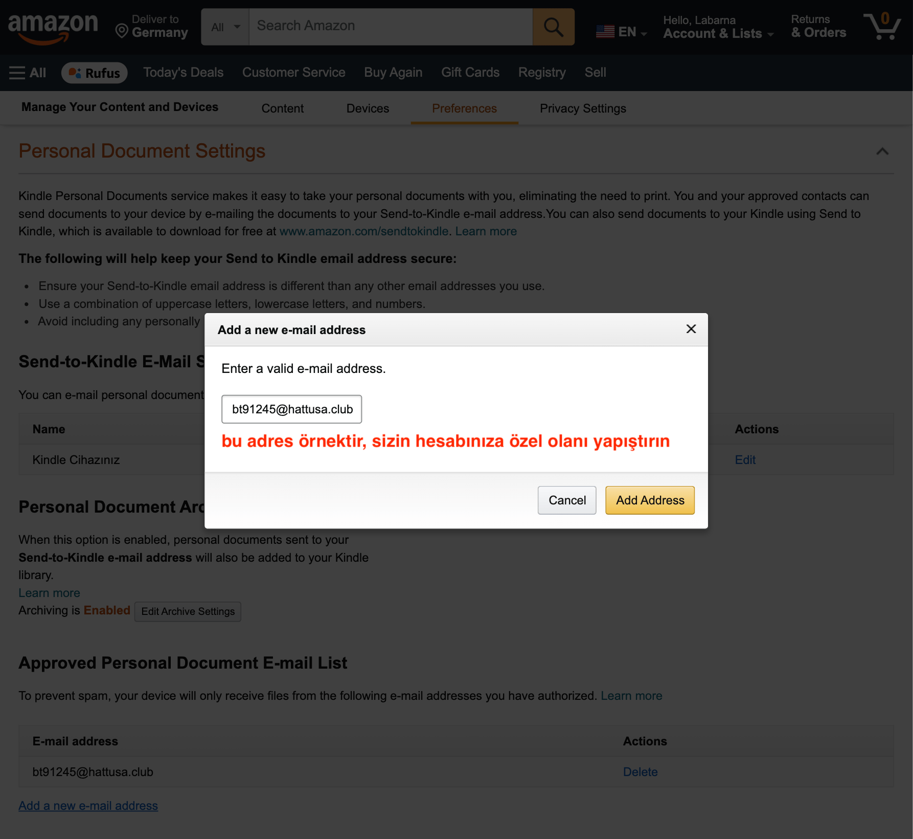 Amazon Add a new approved e-mail address popup