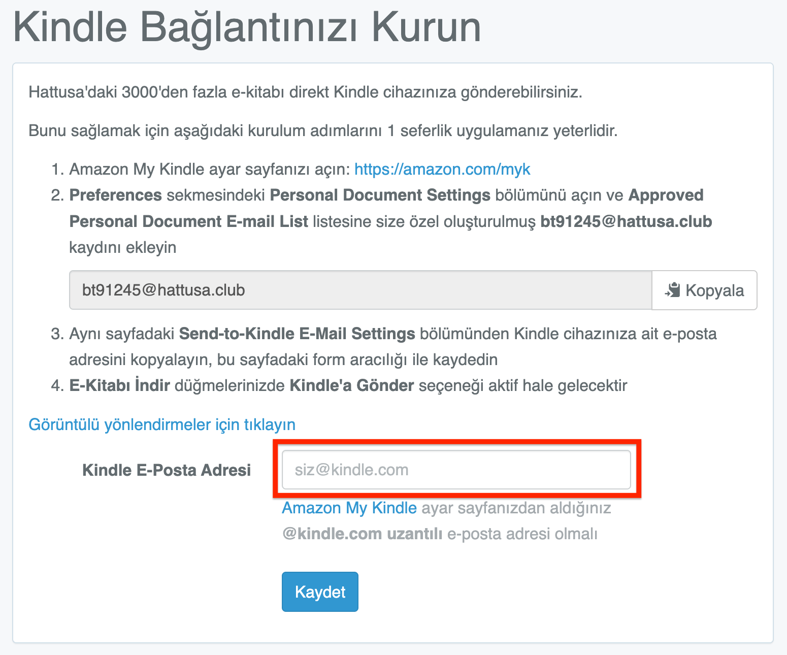 Amazon Send-to-Kindle e-posta adresinizi Hattusa'ya kaydedin